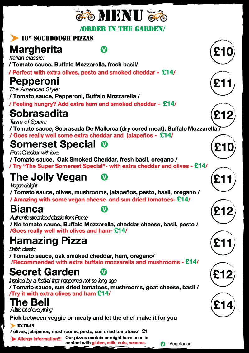 Pizza menu at the Bell